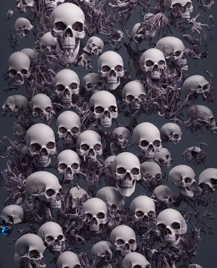 Prompt: composition of human skulls, animals skulls, bones, rib-cage and orchids, bioluminiscent, by Tooth Wu and wlop and beeple. octane render, trending on artstation, greg rutkowski very coherent symmetrical artwork. cinematic, hyper realism, high detail, octane render, 8k