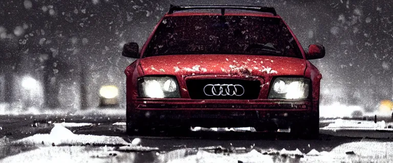 Prompt: Audi A4 B6 Avant (2002), a gritty neo-noir, dramatic lighting, cinematic, eerie person, death, homicide, homicide in the snow, viscera splattered, gunshots, bullet holes, establishing shot, extremely high detail, cracked windows, photorealistic, arson, makeshift grave, burial site, cinematic lighting, artstation, by simon stalenhag, Max Payne (PC) (2001) winter New York at night, In the style of Max Payne 1 graphic novel, flashing lights, Poets of the Fall - Late Goodbye