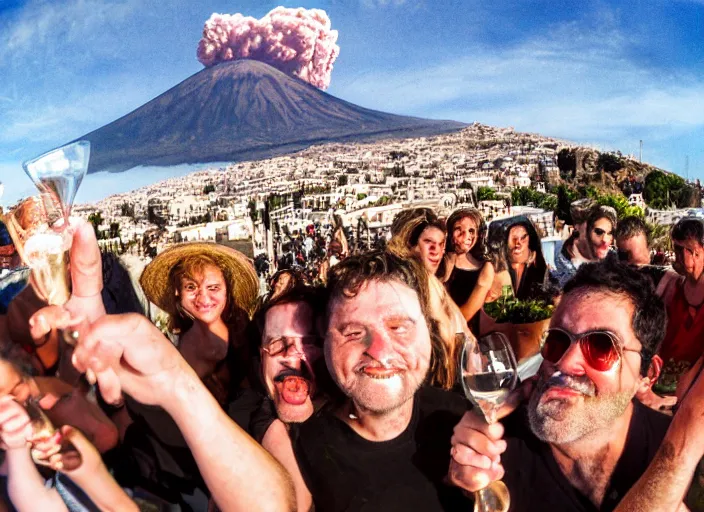 Image similar to old photo of greeks wich drink wine and have fun against the backdrop of mount vesuvius starting to erupt, photo by hunter thompson, fisheye 4, 5 mm, diffused backlight