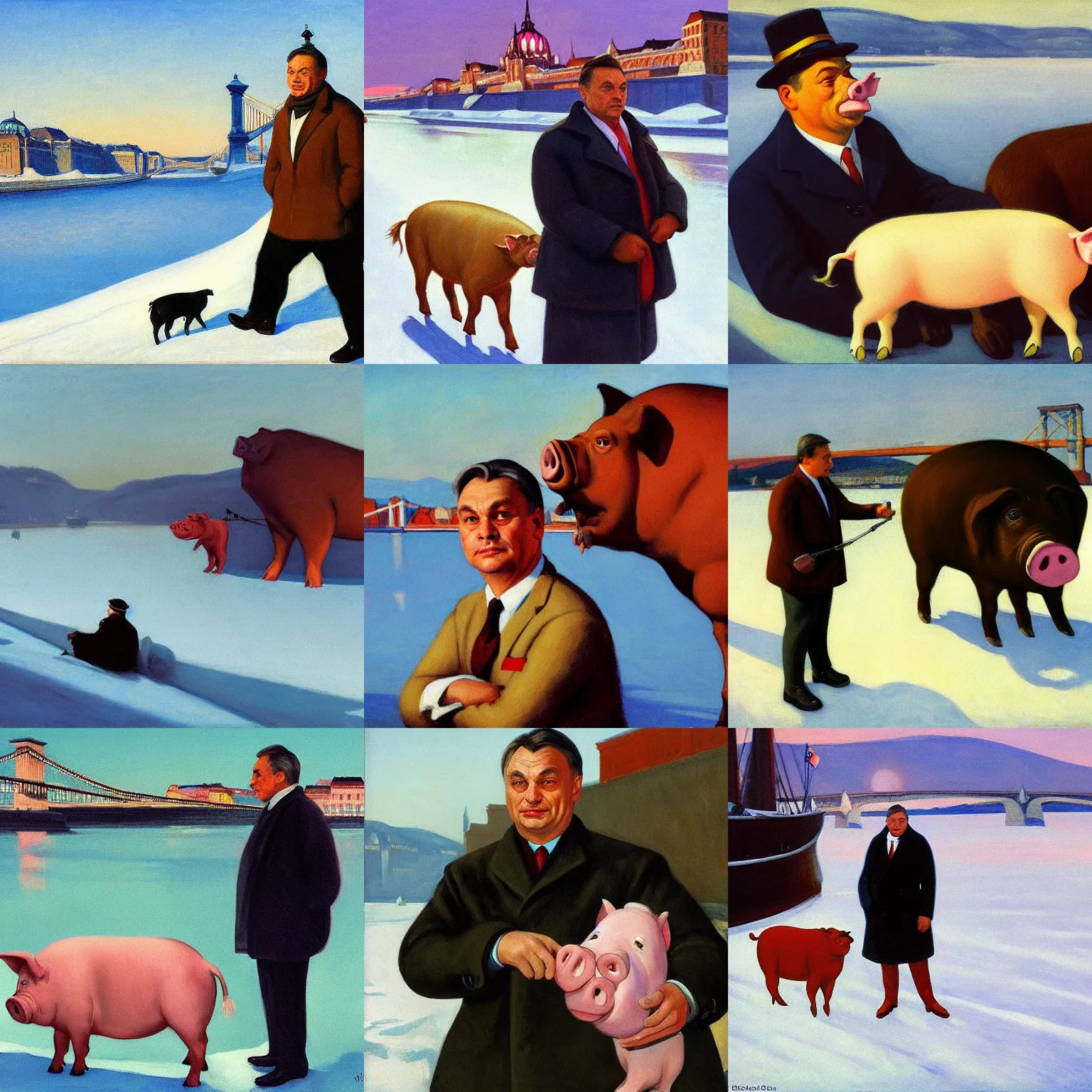 Prompt: viktor orban with highly detailed face riding a pig on the frozen danube in budapest, by edward hopper