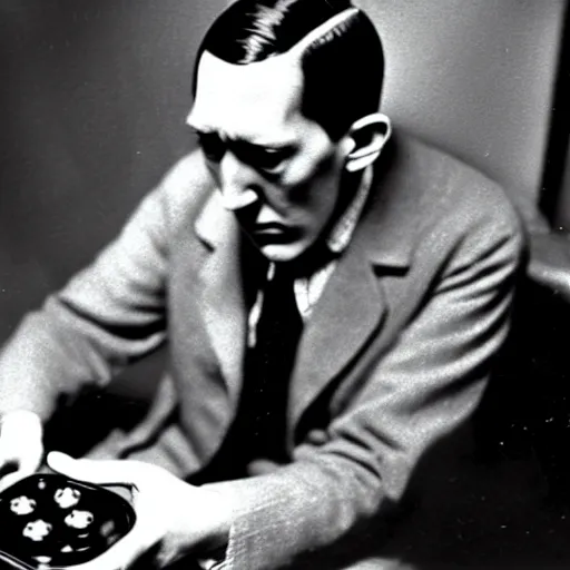 Image similar to h. p. lovecraft playing a video game, vintage photograph, xbox controller, angry