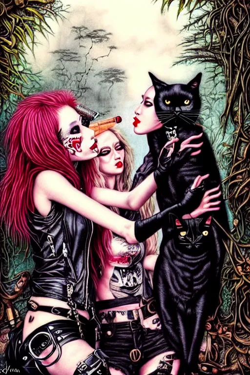 Image similar to punk rock girls kissing and making selfie with black cats in jungle , 1980 style by by Ayami Kojima, mad max jacket, post apocalyptic, Cyberpunk, renaissance, Gothic, mystic, highly detailed, digital painting, 4k, fog, oil painting by Leonardo Da Vinci, hyper realistic style, fantasy by Olga Fedorova