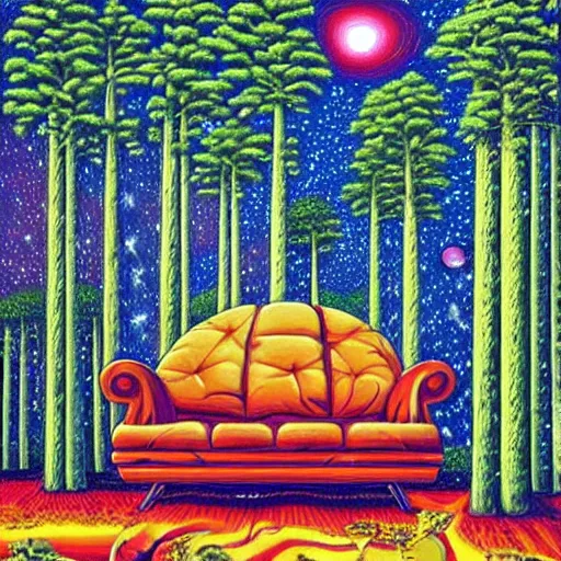 Prompt: psychedelic trippy couch pine forest, planets, milky way, sofa, cartoon by rob gonsalves spruce s - 4 2