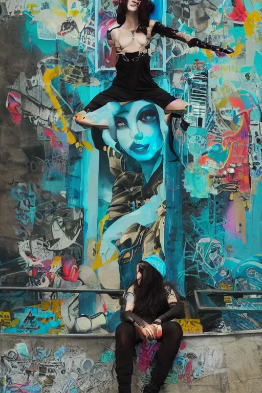 Prompt: punk girl sitting on extreme graffiti tag mural maximalism by atey ghailan, by greg rutkowski, by joe fenton, yellow, brown, black and cyan color scheme, octane render