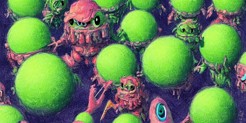 Image similar to an army of cute different green tennis ball monsters, colorful, digital art, fantasy, magic, chalk, trending on artstation, ultra detailed, detailed, fine details, professional illustration by basil gogos