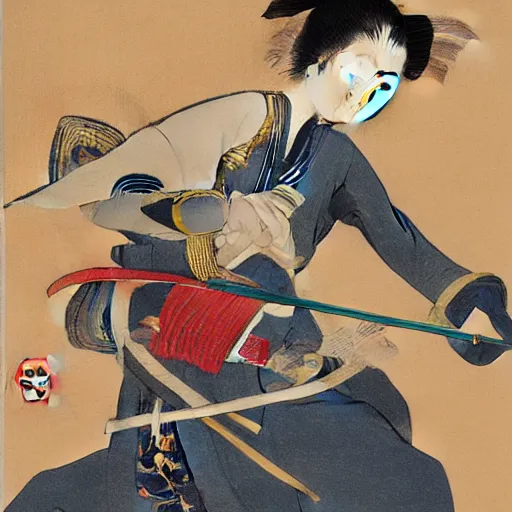 Image similar to Japanese painting of a Nekomata wielding multiple Katana.