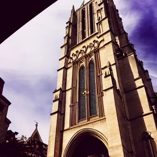 Prompt: a phone photo of a ufo hovering high up in the sky above a cathedral.