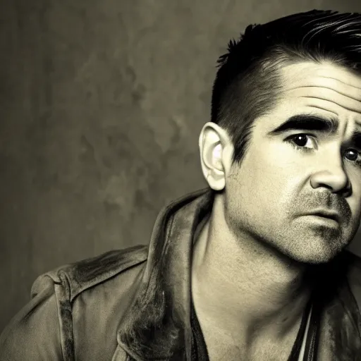 Prompt: Colin Farrell looking sad and melancholy dramatic lighting