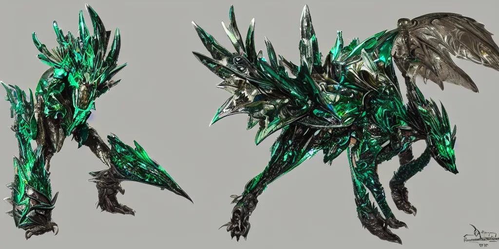 Image similar to Emerald four legged crystal bat, character design sheet, Monster Hunter Illustrations art book, big claws, sharp fangs, huge wings, long tail, iridescent scale patterns, cluster of crystals as spikes on its back, Moebius, Greg Rutkowski, Zabrocki, Karlkka, Jayison Devadas, Phuoc Quan, trending on Artstation, 8K, ultra wide angle, zenith view, pincushion lens effect.