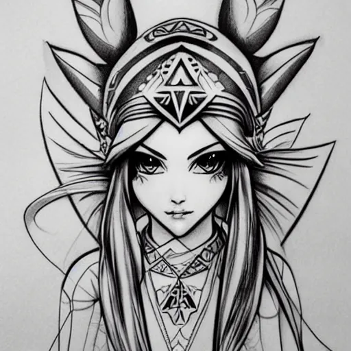 Image similar to tattoo design, stencil, clean line art, g pen, portrait of princess zelda by artgerm, symmetrical face, beautiful, triforce