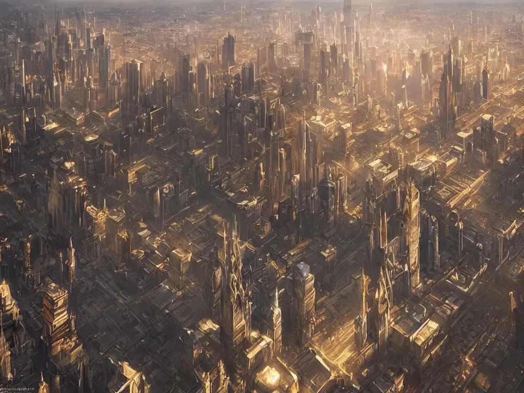 Prompt: big empty city with six extremely tall spiking towers, by artgerm and greg rutkowski and alphonse mucha, global illumination, hyperrealistic, volumetric lighting, epic cinematic shot, perfectly defined features, ambient occlusion