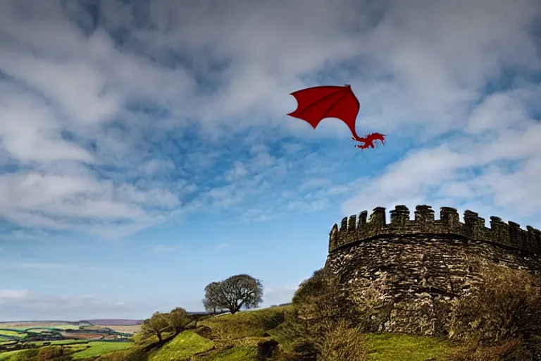 Image similar to welsh countryside with a red dragon flying over still from game of thrones