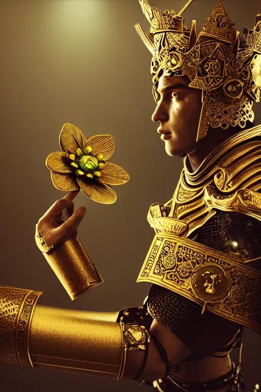 Image similar to hyperdetailed matte illustration of a knight wearing an ornate gold headpiece and holding a flower with a map of the collective subconscious in the background by octane render