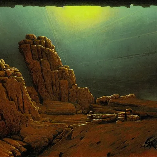 Prompt: steampunk landscape, fossil rocks, beam of lights beksinski