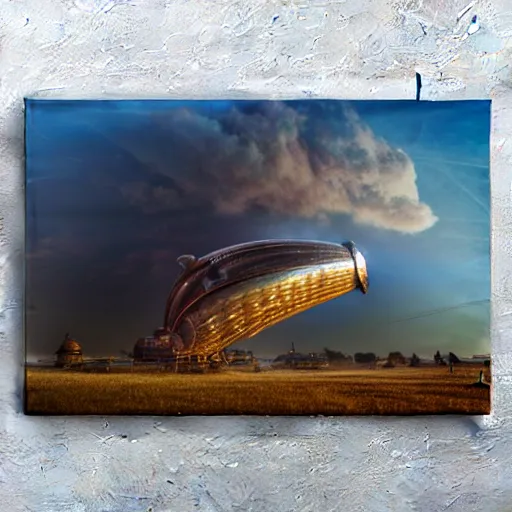 Image similar to big steampunk zeppelin flying in big fluffy clouds, cinematic light, epic scene, god rays, 8 k, high detailed ornaments, liquid marbling acrylic paint, sunset, magic hour, golden hour, strathosphere, nebula sky, milkyway