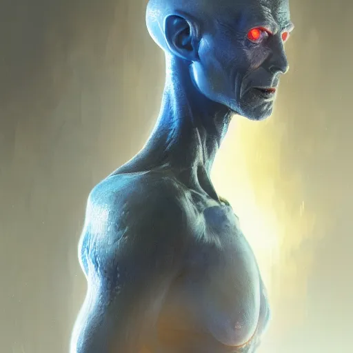 Image similar to Portrait of a tall blue alien, hairless, red glowing eyes, wearing a smooth and intricate biosuit, cinematic lighting, highly detailed, digital painting, artstation, concept art, smooth, sharp focus, illustration, art by Artgerm and Greg Rutkowski, Cgsociety