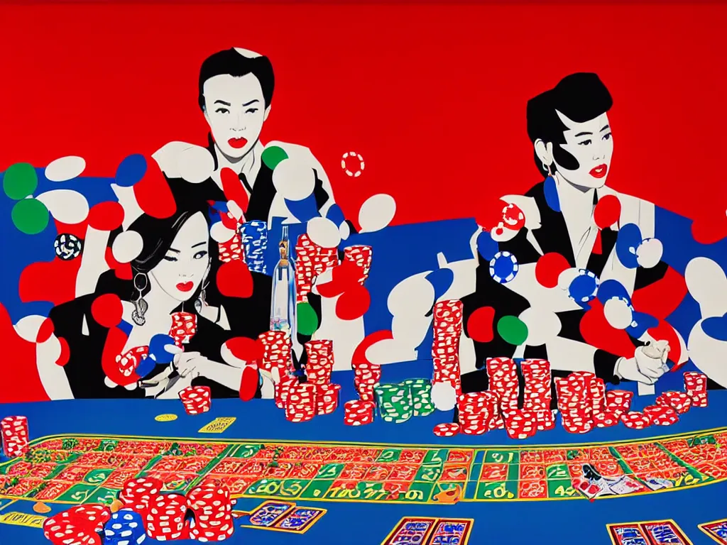 Image similar to hyper - realistic composition of a room in a casino with an extremely detailed poker table, croupier in kimono standing nearby fireworks in the background, pop art style, jackie tsai style, andy warhol style, acrylic on canvas