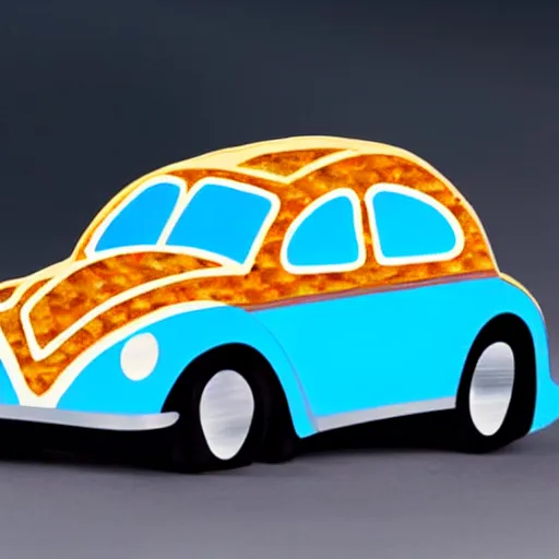 Image similar to a blue beetle car with burgers for wheels m - w 7 6 8