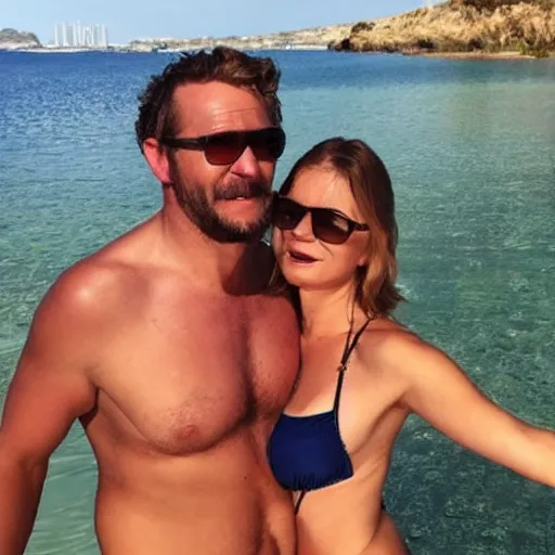 Prompt: photo of a 4 0 year old man that looks young for his age dating a very attractive 2 2 year old woman wearing a bikini. she doesn't cre aboht his age.