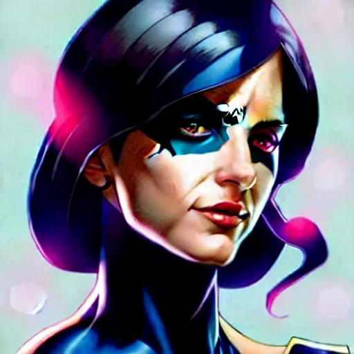 Image similar to artgerm, joshua middleton comic cover art, pretty domino character marvel comics sarah michelle gellar, place white skin, asymmetrical black spot covering left eye only, no spot right eye white around right eye