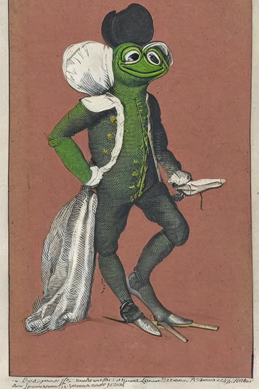 Prompt: pepe the frog in 1 7 5 8 uniform of the 6 5 th regiment of foot with tricorne hat