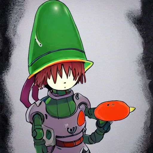 Image similar to cute human robot with big tomato hat and a carrot sword, made in abyss style