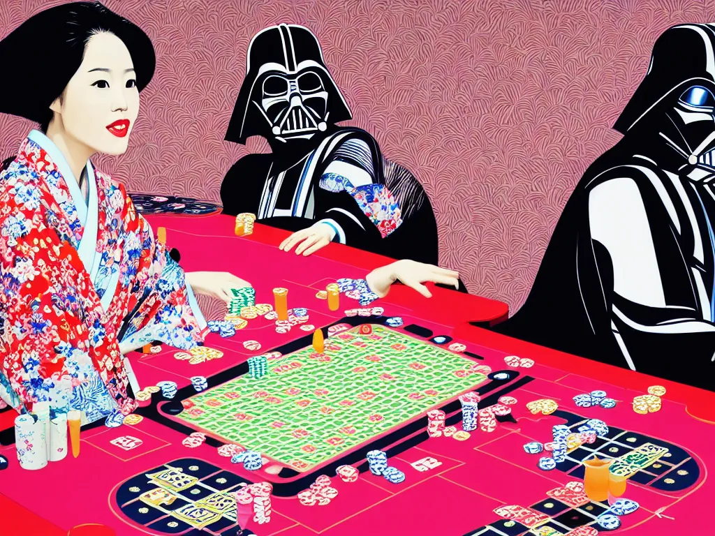 Image similar to hyperrealistim composition of the detailed single woman in a japanese kimono sitting at a extremely detailed poker table with darth vader, fireworks, river on the background, pop - art style, jacky tsai style, andy warhol style, acrylic on canvas