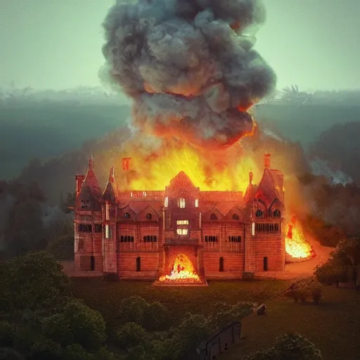 Prompt: a royal grand medieval castle on fire, on top of a hill, birds eye view from a distance, intense smoke, burning down, intense flames, center focus, landscape by simon stalenhag, rendered by beeple, by makoto shinkai, digital art