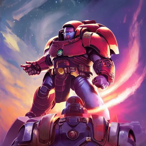 Image similar to portrait of a primaris space marine kissing thanos by jesper ejsing, by rhads, makoto shinkai and lois van baarle, ilya kuvshinov, rossdraws global illumination