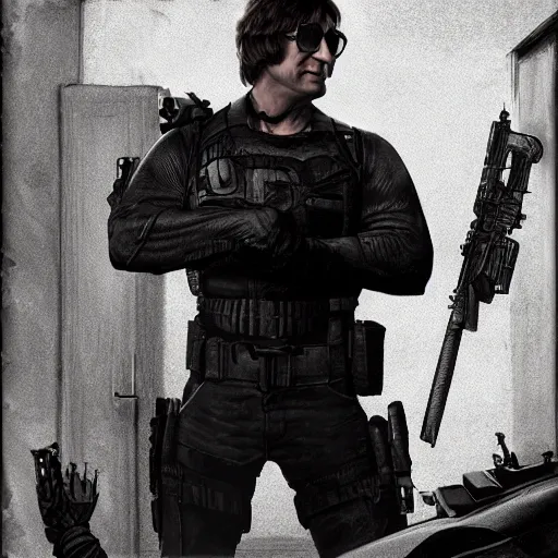 Image similar to john lennon as frank castle the punisher, ultra realistic, concept art, intricate details, highly detailed, photorealistic, octane render, 8 k, unreal engine, art by frank frazetta, simon bisley, brom