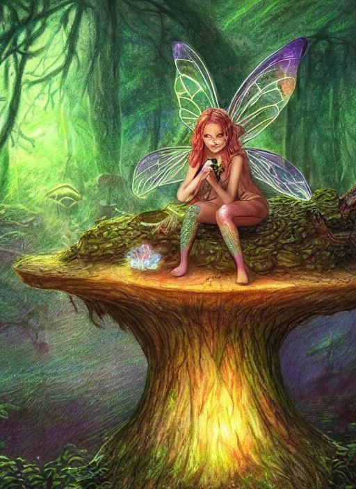 Prompt: detailed coloured pencil drawing of a faerie singing atop a toadstool in a forest glade, transparent wings, d & d, highly detailed, concept art, dramatic lighting