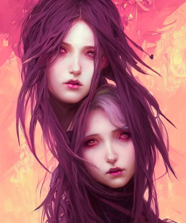 Prompt: E-girl, scene girl, ahegao face, gradient hair, eyes crossed,hands in a peace sign woman portrait, cyberpunk, intricate, elegant, highly detailed, digital painting, artstation, concept art, smooth, sharp focus, illustration, art by artgerm and greg rutkowski and alphonse mucha