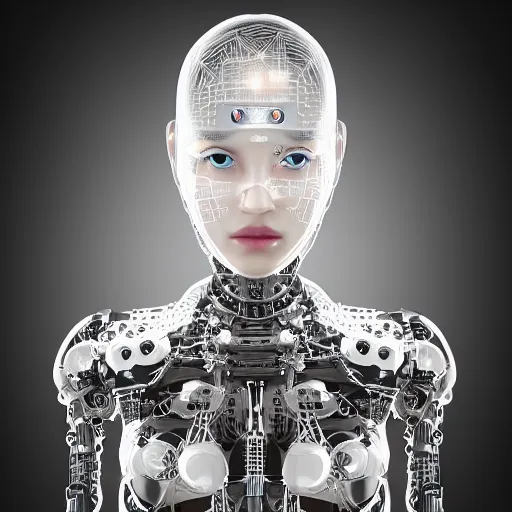 Image similar to beautiful centered fine art photo portrait of romantic beautiful girl with solarpunk robotic humanoid metal mechanical parts with led lights, pudica pose, photorealistic, white background, highly detailed and intricate, soft box lighting, hdr 8 k