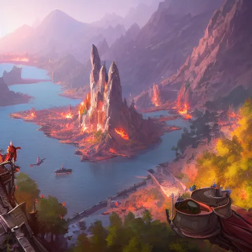Image similar to a birds eye view overlooking an ancient fantasy city surrounded by mountains and trees of greens and browns, rivers and lakes, the city is burning by Jordan Grimmer, Asher Brown Durand and Ryan Dening, 8k, artstation, beautiful color pallette