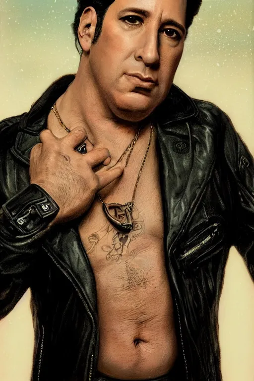 Prompt: portrait photograph of andrew dice clay, leather jacket, upper body, fantasy, handsome, depth of field, soft focus, highly detailed, intricate, realistic, national geographic cover, soft glow, textured, artstation, concept art, sharp focus, illustration, art by artgerm and greg rutkowski and alphonse mucha