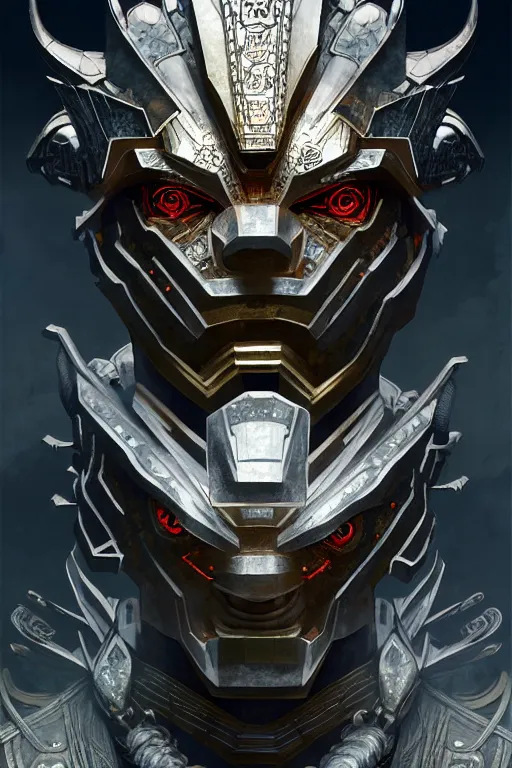 Image similar to asura from chinese myth, ghost, luxurious armor mixed with leather and metal, dystopian, cyberpunk, mecha, halfturn portrait of a big crystal face made of crystals half - turn, ominous, intricate, studio, art by anthony macbain + greg rutkowski + alphonse mucha, concept art, 4 k, sharp focus