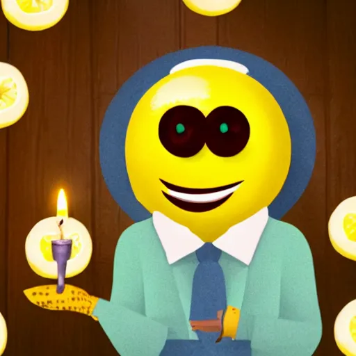 Image similar to an anthropomorphic lemon standing on a pentacle surrounded by candles, highly detailed, 4k