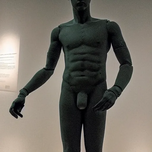 Image similar to “ a realistic detailed photo of a guy who is an attractive humanoid who is half robot and half humanoid, who is a male android, actor liam hemsworth, shiny skin, posing like a statue, blank stare, at the museum, on display ”