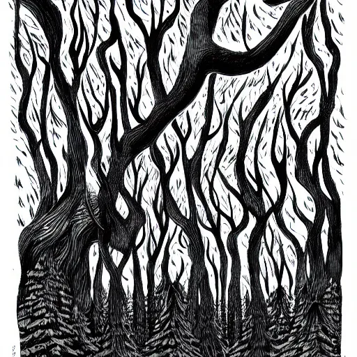 Prompt: dark forest illustration, 4k detailed, black ink on white paper, dark fantasy, white space in middle
