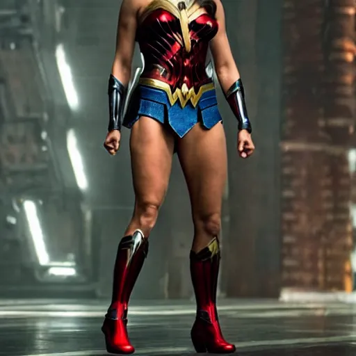 Image similar to A wide angle shot of athletic Wonder Woman from Justice League movie with athletic body, stunning photograph, 200mm F/2.0