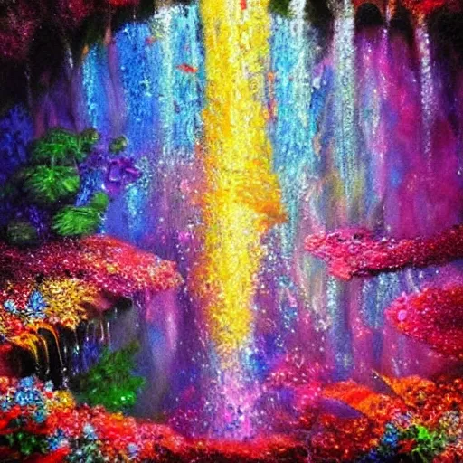 Image similar to waterfall with water full of broken mirror pieces and tiny colorful flower petals, bright saturated colors, scintillating lens flares and colorful sparks, trending on ArtStation, beautiful!!! stunning!!! waterfall, impressionistic oil on canvas