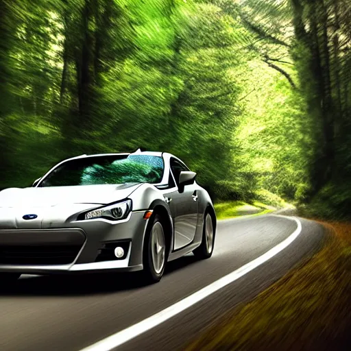 Image similar to Subaru BRZ driving down a beautiful forest road, cinematic, motion blur, high resolution, sharp, detailed, commercial, advertisement,