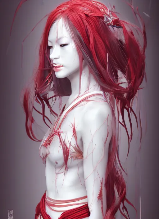 Prompt: albino maiko with very long fantasy hair, fluent composition, red and white neon, concept art, ambient light, 4 k, intricate details, highly professionally detailed, cgsociety, highly detailed -