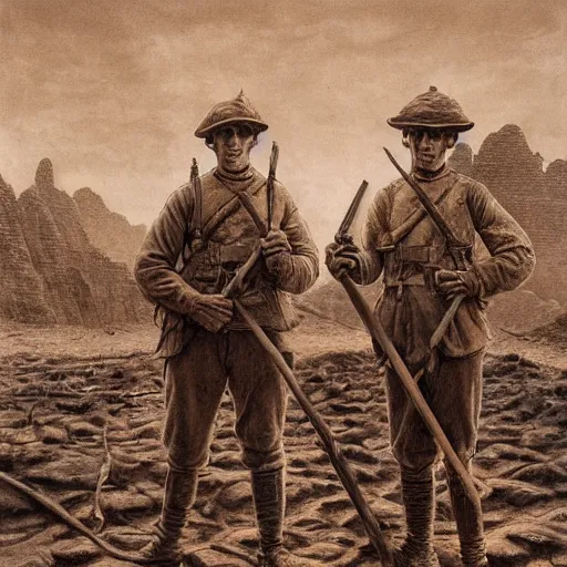 Image similar to ultra detailed photorealistic sepia - toned painting from 1 9 1 7, three british soldiers standing at an archaeological dig site in wadi rum, ultra realistic, painted, intricate details, lovecraft, atmospheric, dark, horror, brooding, highly detailed, by dave dorman