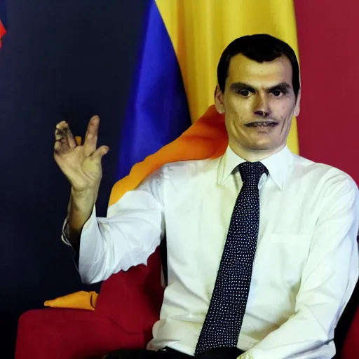 Image similar to pedro sanchez ( president of spain ) dressed as dracula at a press conference