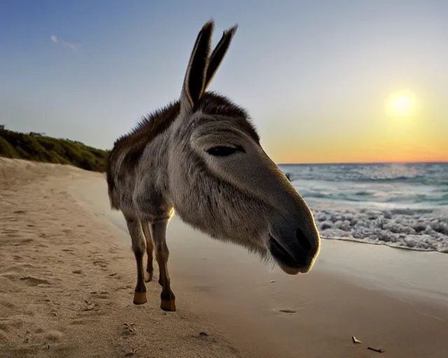 Prompt: realistic photo of a donkey sunbathing at the beach