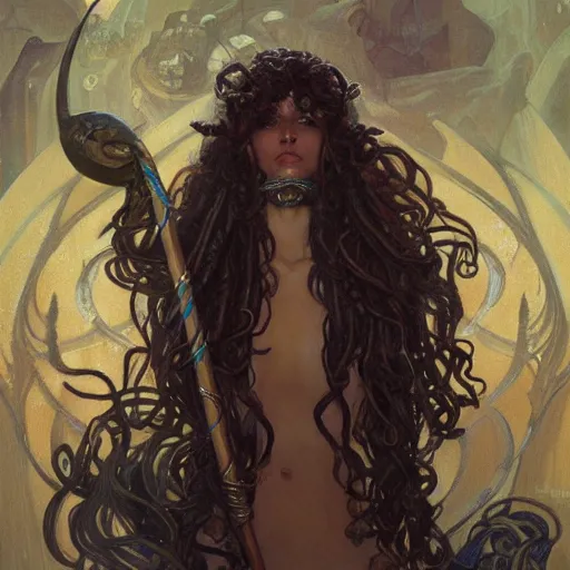 Image similar to ''medusa, furry, greek mythology, greece, fantasy, dungeons and dragons, d & d, digital painting, artstation, concept art, sharp focus, illustration, art by greg rutkowski and alphonse mucha''