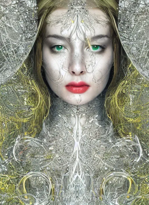 Prompt: glowing silver and golden elements, full close-up portrait, young female portrait model from shutterstock as a dark witch, book cover, green forest, white moon, red lips, establishing shot, extremly high detail, photo-realistic, cinematic lighting, pen and ink, intricate line drawings, by Yoshitaka Amano, Ruan Jia, Kentaro Miura, Artgerm, post processed, concept art, artstation, matte painting, style by eddie, raphael lacoste, alex ross