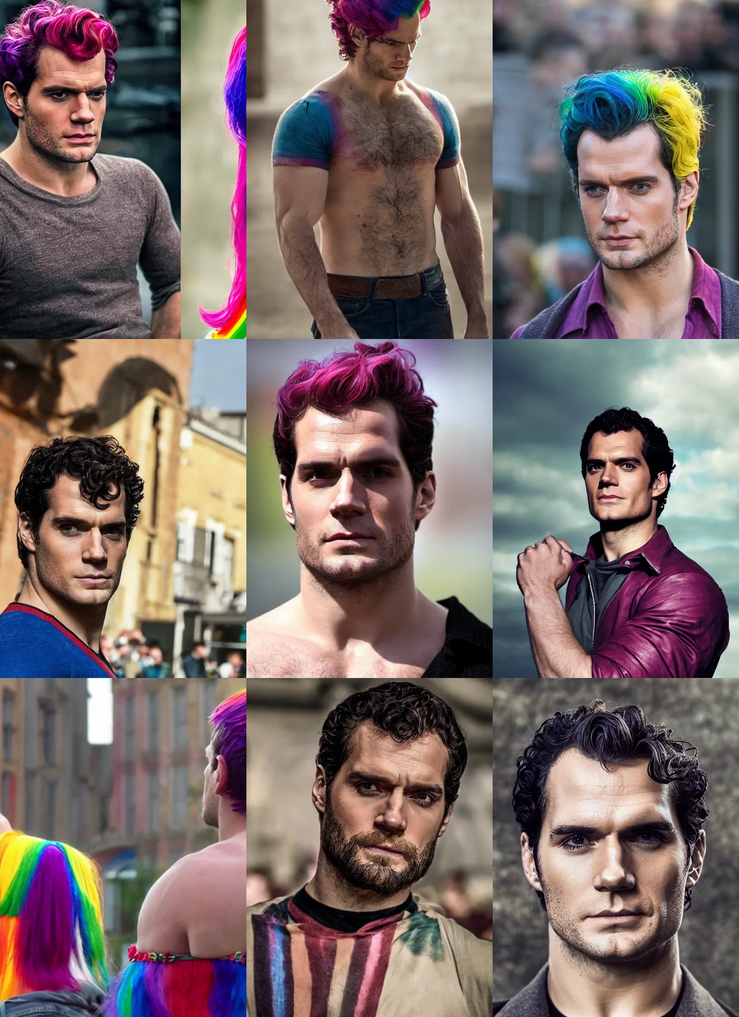 Prompt: henry cavill as lgbt rainbow haired trans, medium shot, trip to legnica, very realistic film still, natural