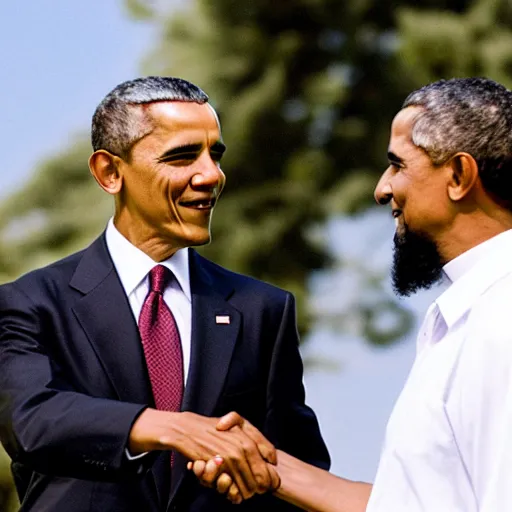 Image similar to obama shaking hand of osama bin laden, ultra realistic, canon 3 5 mm photography